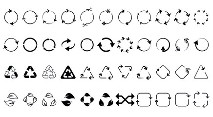 Biodegradable, compostable, and recyclable icon set. Recycling icons collection. Mega recycling icon set. Green recycling and rotation arrow icons pack. Editable Stroke
