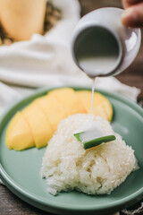 Delicious mango sticky rice serve with coconut milk on wooden table. Popular traditional dessert of Thailand.