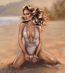 Illustration of Curly woman at the beach  in shiny bikini swimsuit