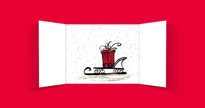 Christmas advent calendar door opening on red background. On Christmas day an open wide doors with holiday illustrations. Animation festive Christmas illustration. 4K video graphic