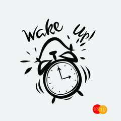 Wake up, inscription on Alarm Clock. Hand drawn vector grunge illustration isolated on paper background.