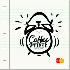 Hand drawn illustration of coffee time with alarm clock