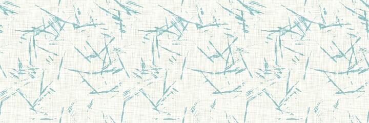 Aegean teal streaked border strip linen texture background. Coastal summer style home decor fabric effect. Sea green wash grunge edge material. Decorative textile mottle seamless pattern banner. 