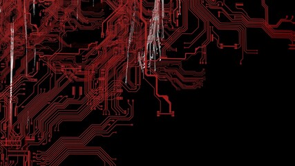 Circuit technology red line under black background with hi-tech digital data connection system and computer electronic desing. 3D illustration. 3D CG.