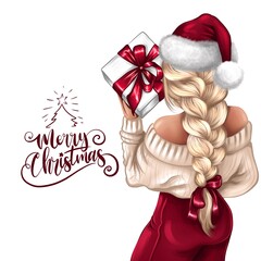 illustration of Girl in a Santa's hat with a long blond braid holding a gift on white background and with hand drawn lettering Merry Christmas