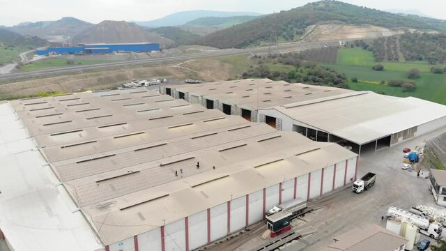 closed warehouses aerial view. hangars