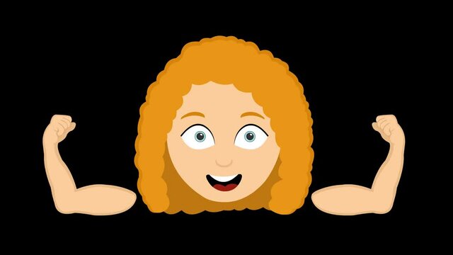 Loop animation of the face of a young cartoon woman flexing her arms and contracting her biceps, on a transparent background