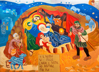FORLÍ, ITALY - NOVEMBER 11, 2021: The modern fresco of Nativity in the church Chiesa di San Giuesppe Artigiano by Franco Vignazia (2019).