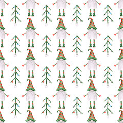 Christmas seamless pattern on a white background. A watercolor gnome and decorated Christmas tree endless print. Cute winter holiday wallpaper. Scandinavian illustration.
