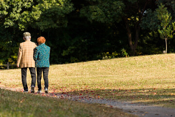 秋の公園で散歩しているシニア夫婦の姿