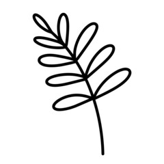 Branch vector icon. Hand-drawn illustration isolated on white background. Botanical sketch of a rosehip sprig with oval leaves. Abstract twig. Wild plant outline. Simple doodle, line art.