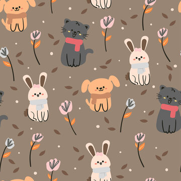 Seamless pattern with cute cartoon cat, bunny, puppy and plant. for fabric print and textile, kids wallpaper, gift wrapping paper