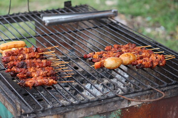 Cambodia. Khmers cook grilled beef and sausages. Siem Reap province.