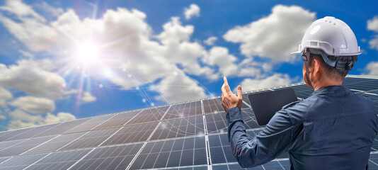 Sunlight over solar panels on solar cell system, Solar cell energy, Care of the Environment, clean energy Ecology concept.