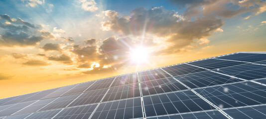 Sunlight over solar panels on solar cell system, Solar cell energy, Care of the Environment, clean...