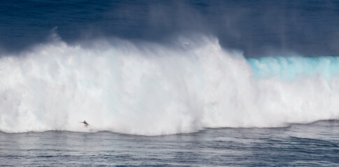 Panoramic giant wave off the coastline of Peahi Maui Hawaii