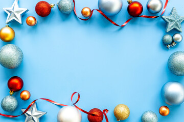 Christmas and New Year decoration balls background. Flat lay. Empty space for text