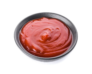 Bowl with organic tomato sauce on white background