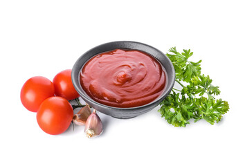 Bowl with organic tomato sauce on white background