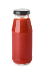 Bottle with organic tomato sauce on white background