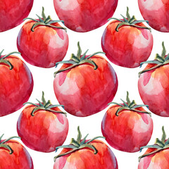 Seamless pattern with tomato on white background. Watercolor red hand drawn vegetable. Healthy food for salad or cooking. Creative art for menu cookbook kitchen kid wallpaper, wrapping, cafe