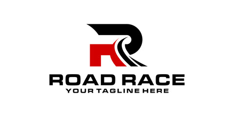 letter R logo design with road, racing, automotive