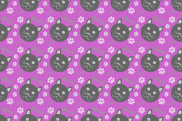 Seamless cute pattern wallpaper with purple background, cat face cartoon pattern, gray herringbone footprints, for cute fashion fabrics, gift wrap, and cute backgrounds.