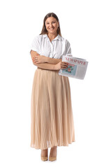 Young woman in beige skirt with newspaper on white background