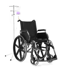 Fototapeta na wymiar Empty wheelchair and stand for IV drip on white background