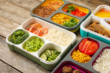 Containers with different tasty food on wooden table, closeup