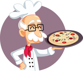 Senior Italian Chef Holding a Pizza Vector Cartoon Illustration
