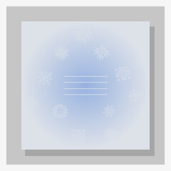 Line art Christmas snowflakes postcard. Square background. Blue frozen gradient. Frost on window. Vector white hoarfrost, frosting. Cold wind, blizzard. Wishes Happy New Year. Winter list. Blank.