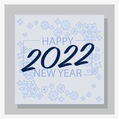 Line art snowflakes postcard. Blue square background. Design of the Happy New Year 2022. Congratulations on the New Year celebration, winter holidays. Web banner, flayer. Cold wind, blizzard, snow.