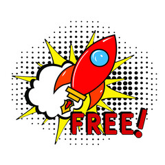 Comic book explosion with text Free!, vector illustration. Free! in comic pop art style. Comic advertising concept with Free! wording. Modern Web Banner Element