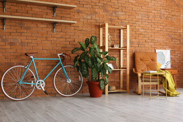 Fototapeta na wymiar Stylish interior with bicycle in room