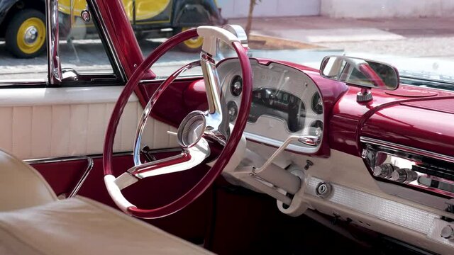 Old classic car inteiror, classic car inteiror, car interior, american muscle classic, classic car, colorful car interior