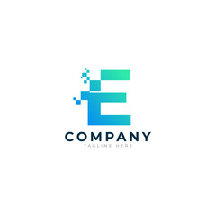 Tech Letter E Logo. Blue and Green Geometric Shape with Square Pixel Dots. Usable for Business and Technology Logos. Design Ideas Template Element.