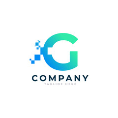 Tech Letter G Logo. Blue and Green Geometric Shape with Square Pixel Dots. Usable for Business and Technology Logos. Design Ideas Template Element.
