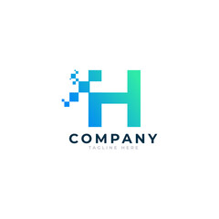 Tech Letter H Logo. Blue and Green Geometric Shape with Square Pixel Dots. Usable for Business and Technology Logos. Design Ideas Template Element.