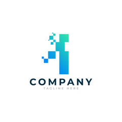 Tech Letter I Logo. Blue and Green Geometric Shape with Square Pixel Dots. Usable for Business and Technology Logos. Design Ideas Template Element.