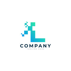 Tech Letter L Logo. Blue and Green Geometric Shape with Square Pixel Dots. Usable for Business and Technology Logos. Design Ideas Template Element.