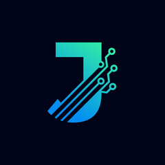 Tech Letter J Logo. Futuristic Vector Logo Template with Green and Blue Gradient Color. Geometric Shape. Usable for Business and Technology Logos.