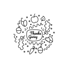 Cute cartoon hand drawn Thanksgiving seamless pattern. Detailed line art, with lots of background objects. Endless cute vector illustration. Contour background with autumn items