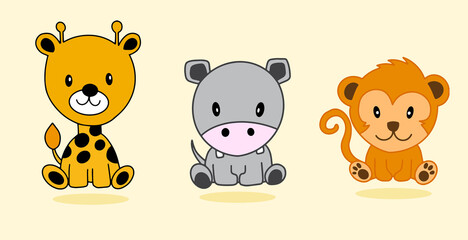 Set of animal character with giraffe hippo monkey cute illustrator