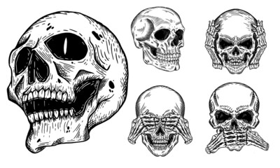 Dark illustration Skull Head Hand drawn Hatching Outline Style