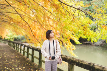 紅葉の公園でカメラを持って写真を撮る女性