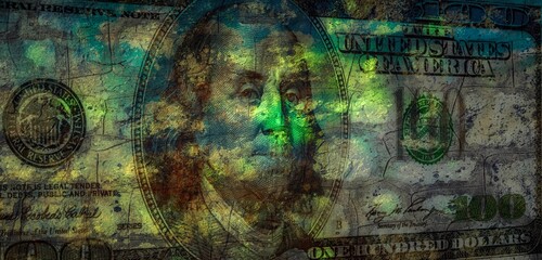 One hundred dollar bill with shabby old texture and green spots, collage.