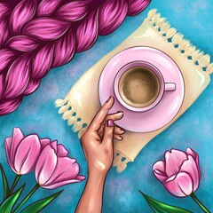 top view illustration of woman's hand reaches the pink mug of coffee and there are some tulips and plaid