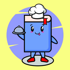Book chef mascot character serving food on tray cute style design for t-shirt, sticker, logo element
