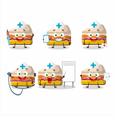 Doctor profession emoticon with slice of strawberry pudding cake cartoon character